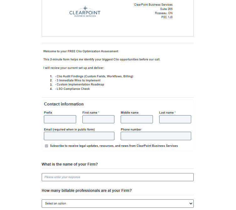 Custom Clio Grow Intake Form Example